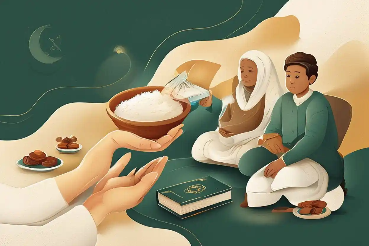 Ilustrasi aturan kafarat puasa dalam islam dengan seseorang menyalurkan beras kepada fakir miskin sesuai syariat